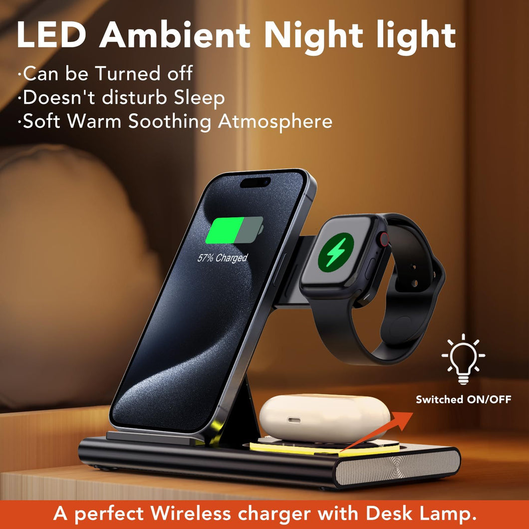 Wireless Charger Station, 4 In 1 Foldable 15W Fast Charging Wireless Charging Station With Night Light For IPods IWatch